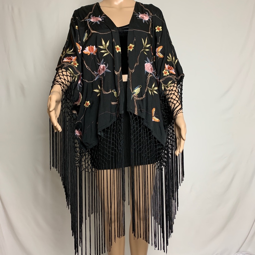 Miss Selfridge Black Embroidered Poncho w/ Tassels